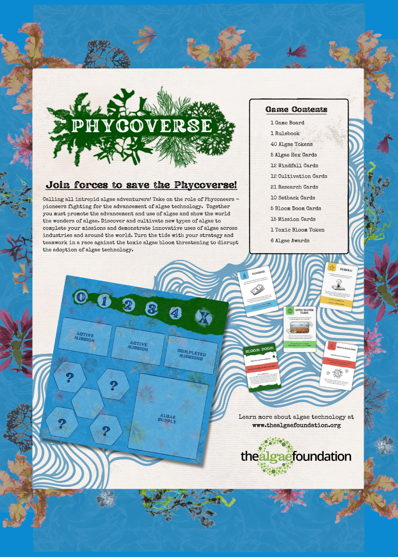 The image shows a white rectangular area on a blue background decorated with various colorful algae illustrations. The Phycoverse logo features green algae-like shapes. The ad includes a brief game description, a list of game contents, and images of game components such as a blue game board with hexagonal spaces and various game cards. The bottom of the ad displays 'the algae foundation' logo and website. The entire image is framed by diverse algae illustrations on a blue, water-like background.