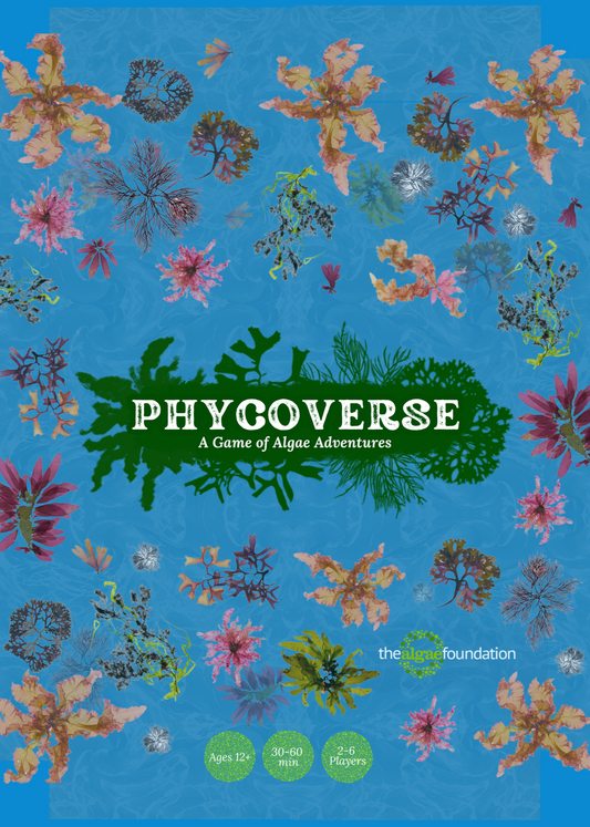 Cover for 'Phycoverse: A Game of Algae Adventures'. The background is bright blue, resembling water. Various colorful algae illustrations are scattered across the image, ranging from delicate branching structures to leaf-like forms in shades of pink, green, brown, and purple. The game title is displayed in white text on a green algae-shaped banner in the center. At the bottom, it shows the game is for ages 12+, takes 30-60 minutes, and is for 2-6 players. The logo for 'The Algae Foundation is visible